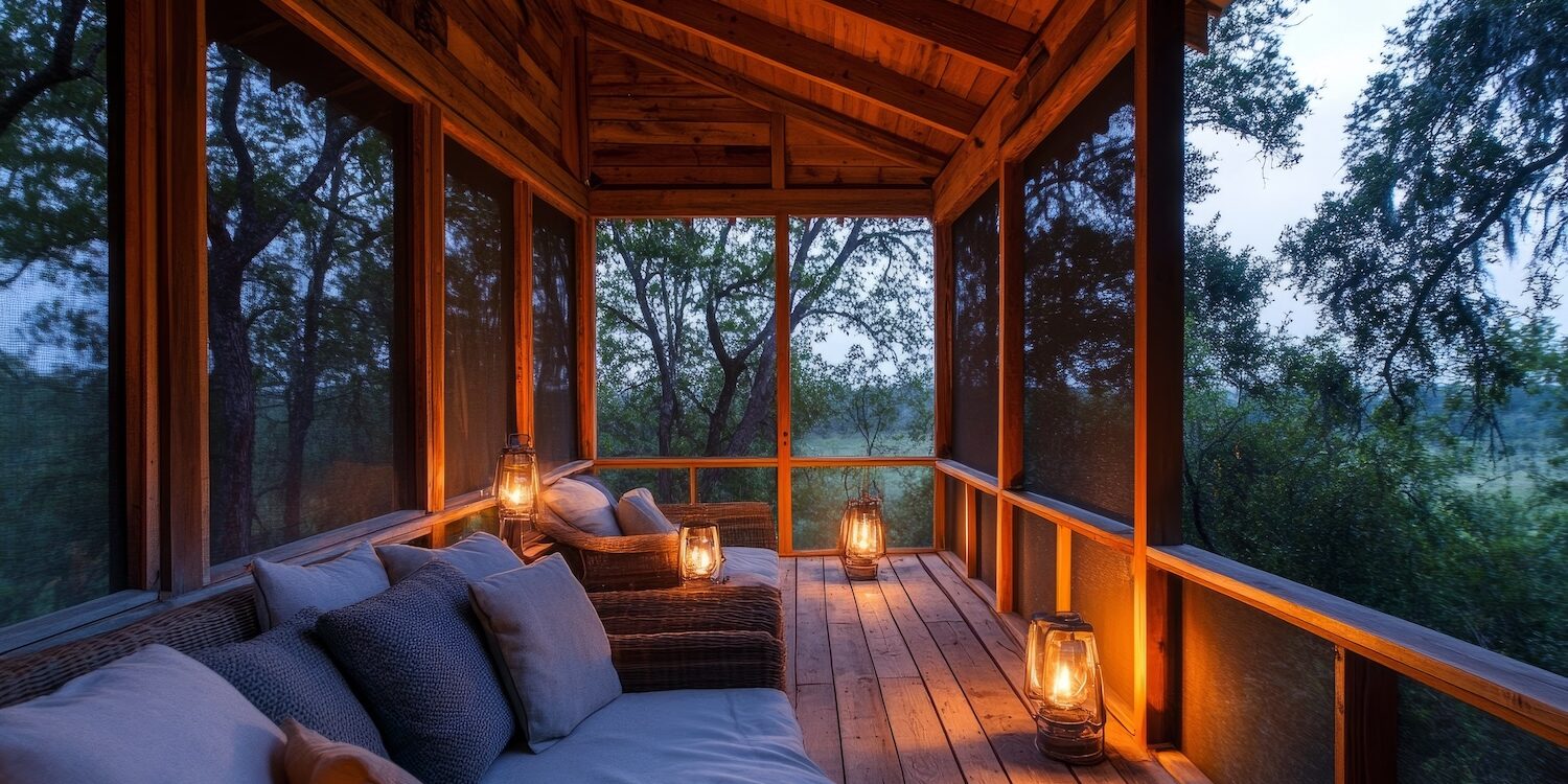 Serene screened porch with cozy furniture and soft lights, ideal for unwinding on a hot summer evening.